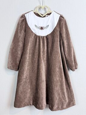 Maniere Girls Brown Chenille Dress with White Embroidered Yoke 5